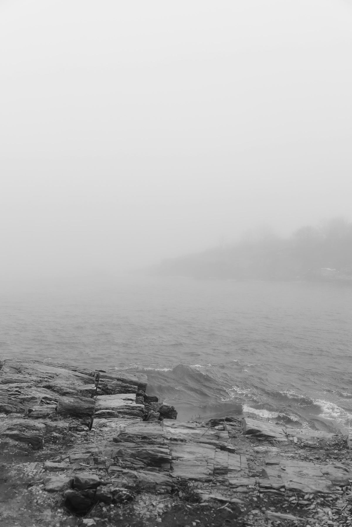 Fog over a New England shore, rocks in the foreground, still water.